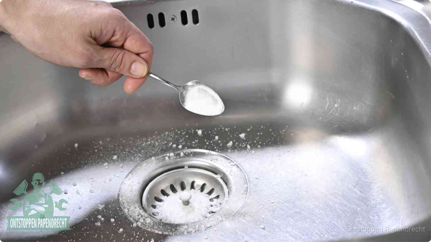 Een hand strooit met een lepel soda in de afvoer van een roestvrijstalen spoelbak, de soda en azijn huismiddel-methode om de afvoer te ontstoppen in Papendrecht
