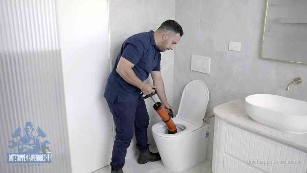 Een monteur buigt over een wandcloset en duwt met de hand een persluchtontstopper in de toiletpot om de verstopping handmatig los te maken in Papendrecht