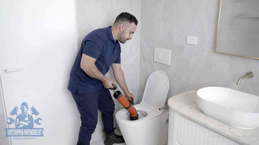 Een monteur gebruikt een handmatige perspomp (toiletontstopper) op een wandcloset tijdens het professioneel wc ontstoppen in Papendrecht