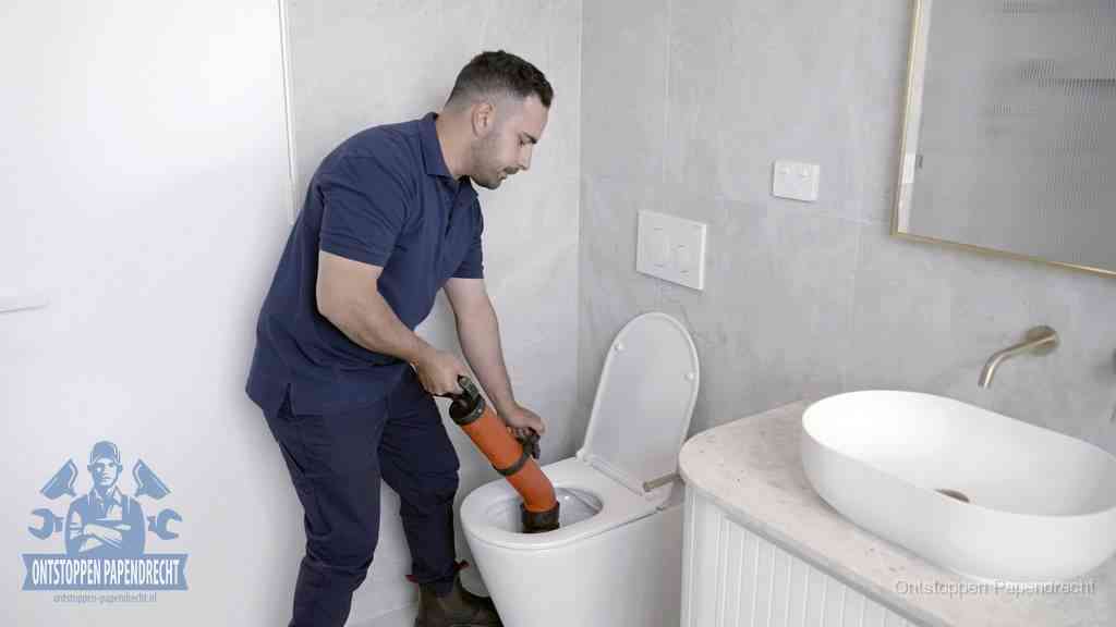 Een man gebruikt een handmatige luchtdruk-ontstopper in een modern betegeld toilet om zelf de wc te ontstoppen in Papendrecht